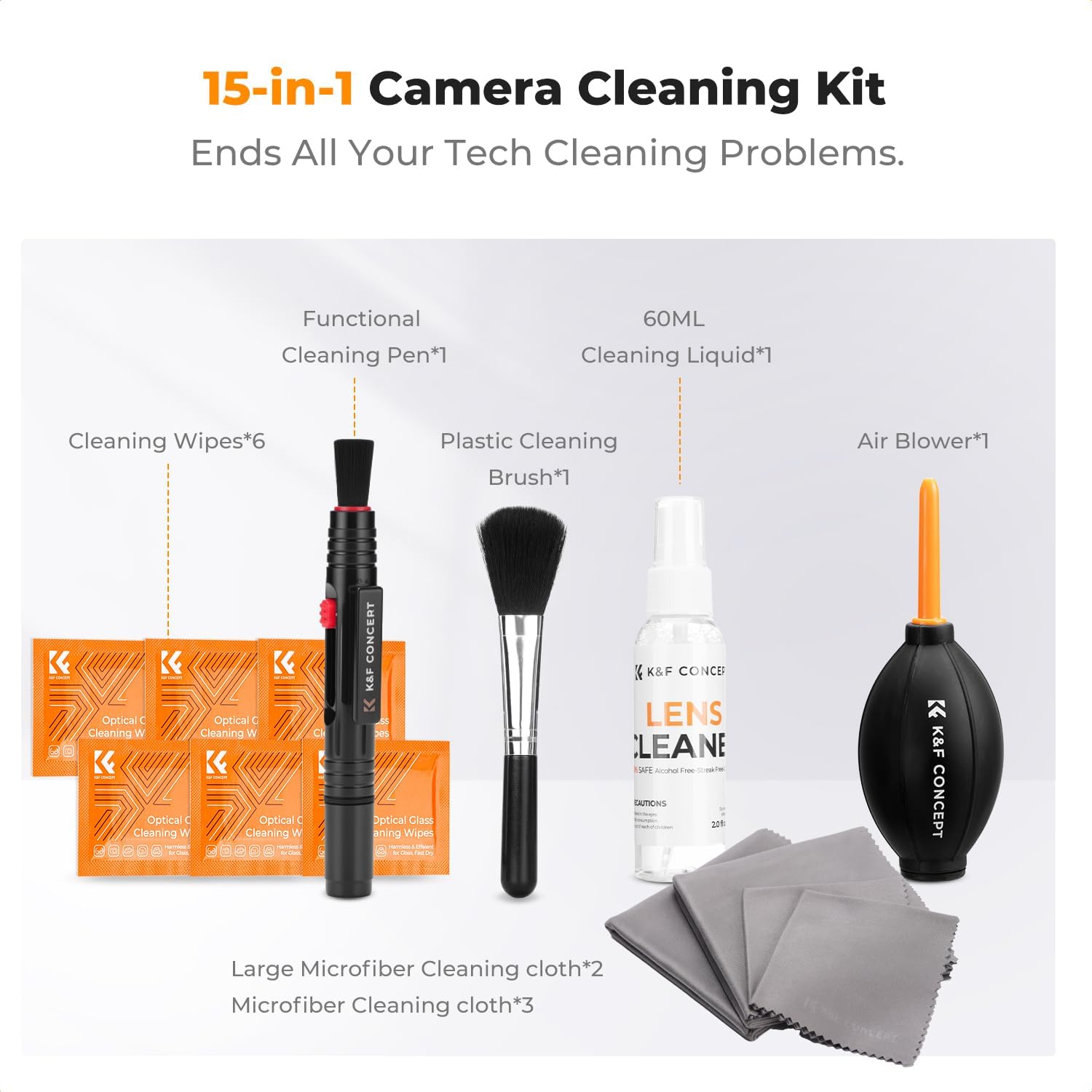 K&F Concept 15-1 Professional Cleaning Kit for DSLR Cameras and Sensitive Electronics, Bundle with Lens Cleaner - Camera Accessories & Photography Accessorie for DSLR Camera Lens Filter Cell Phones - Image 2