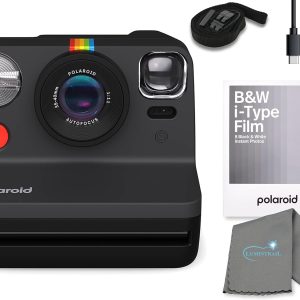 Gen 2 Now I-Type Instant Film Camera - Black Bundle with a B&W i-Type Film Pack (8 Instant Photos) and a Cleaning Cloth